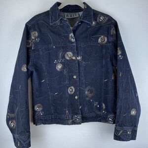 EUC Karen Hart Sz L Denim Jean Jacket Embrdrd Sequins Long Sleeve Metal buttons